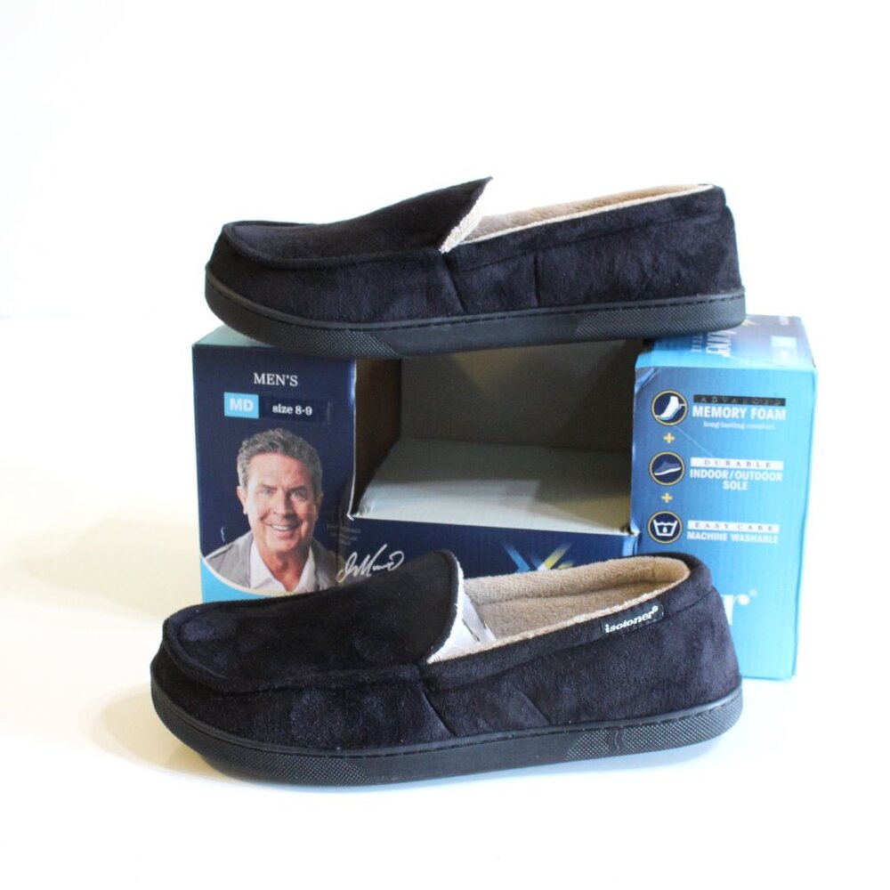 Isotoner Men's Moccasin Slippers Size M 8 9 Black Slip on Indoor Outdoor